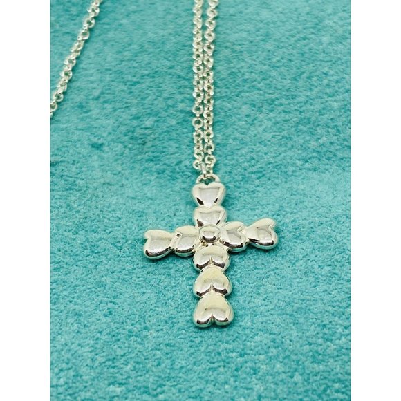 Tiffany & Co Silver Crown of Hearts Cross Pendant 16” Chain Necklace